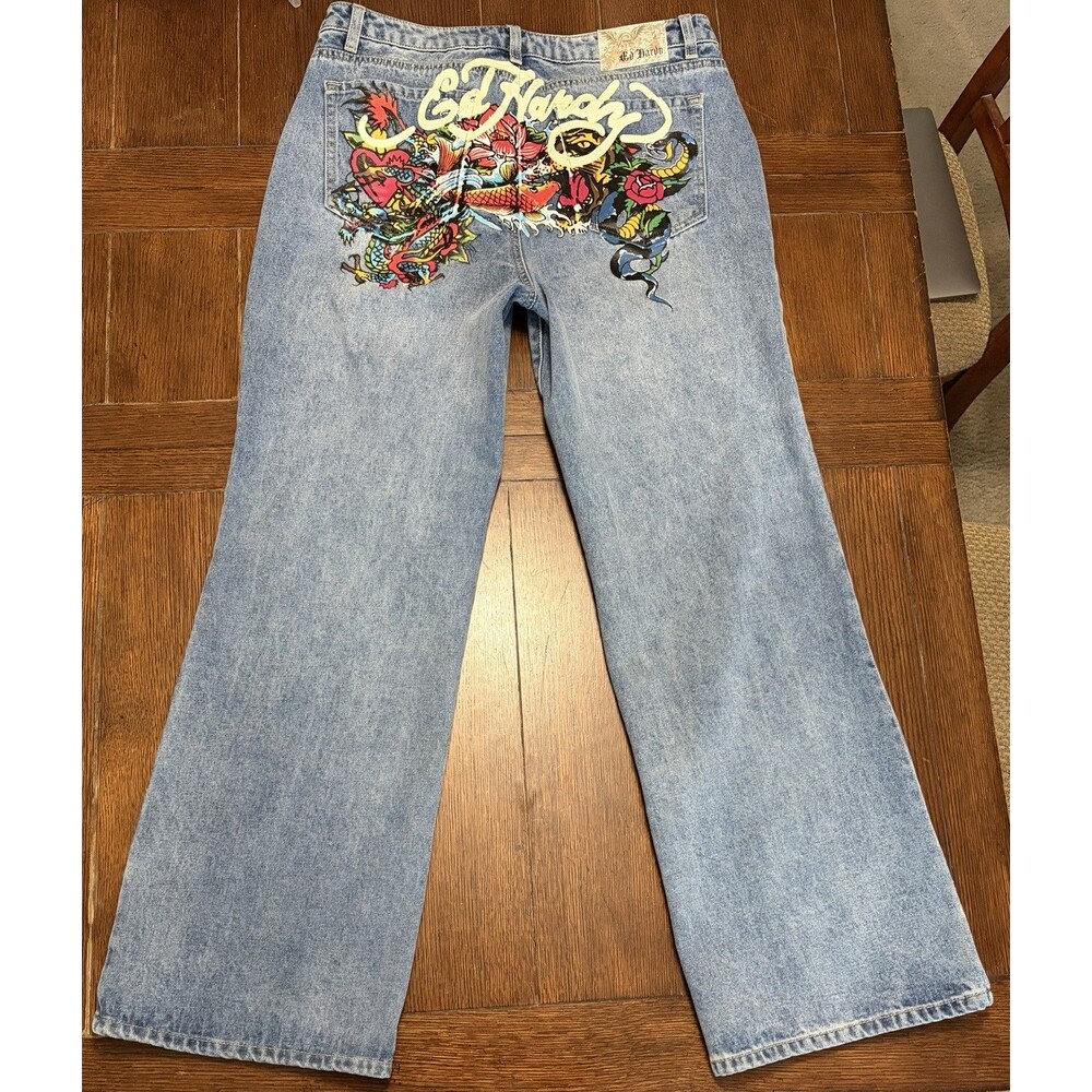 Ed Hardy Multi Tattoo Baggy Big Print Denim Jeans Women’s Size 34 NWOT